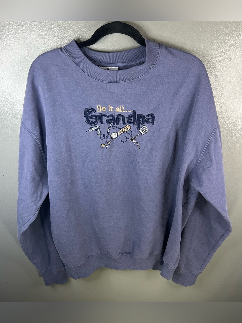 Vintage 90s Grandpa Do It All Blue Pullover Crewneck Sweatshirt Size XL